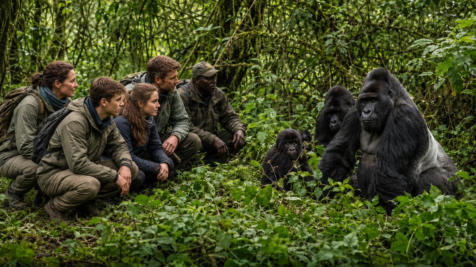 Family with older teenagers enjoying a gorilla trekking safari
