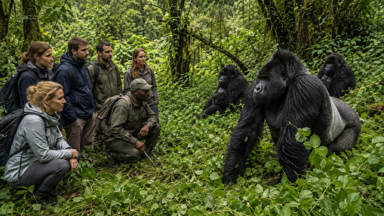 Adult travellers enjoying a group gorilla trekking safari
